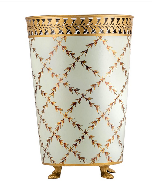 Pale Green & GOLD TRELLIS W/ PIERCED LEAF WASTEPAPER BASKET