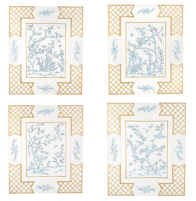 Ivory Blue Chinoiserie Mural with Gold Trellis Border