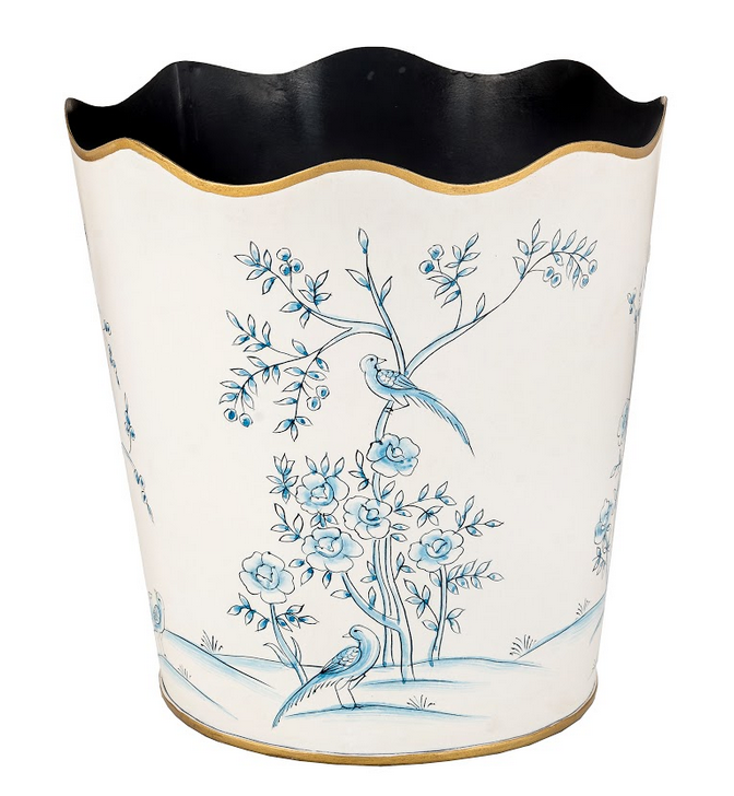 Ivory & Blue w/ Gold Trim Scalloped Wastepaper Basket