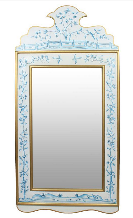 Ivory Blue and Gold Wide Floral Mirror