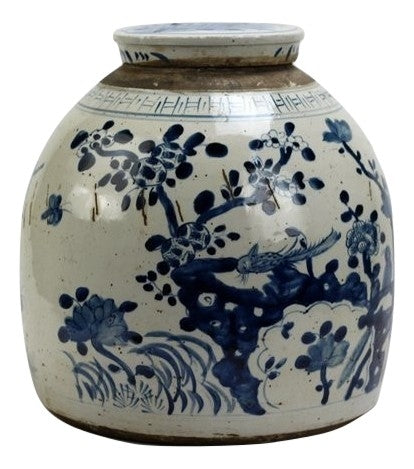 Large Antiqued Bird/Floral Flat Top Jar