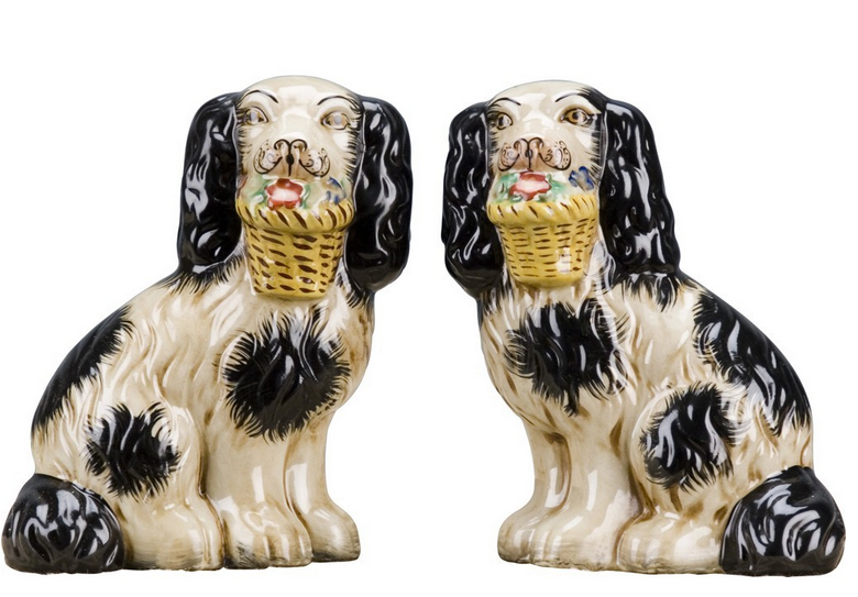 Black and Ivory Flower Basket Staffordshire Dogs