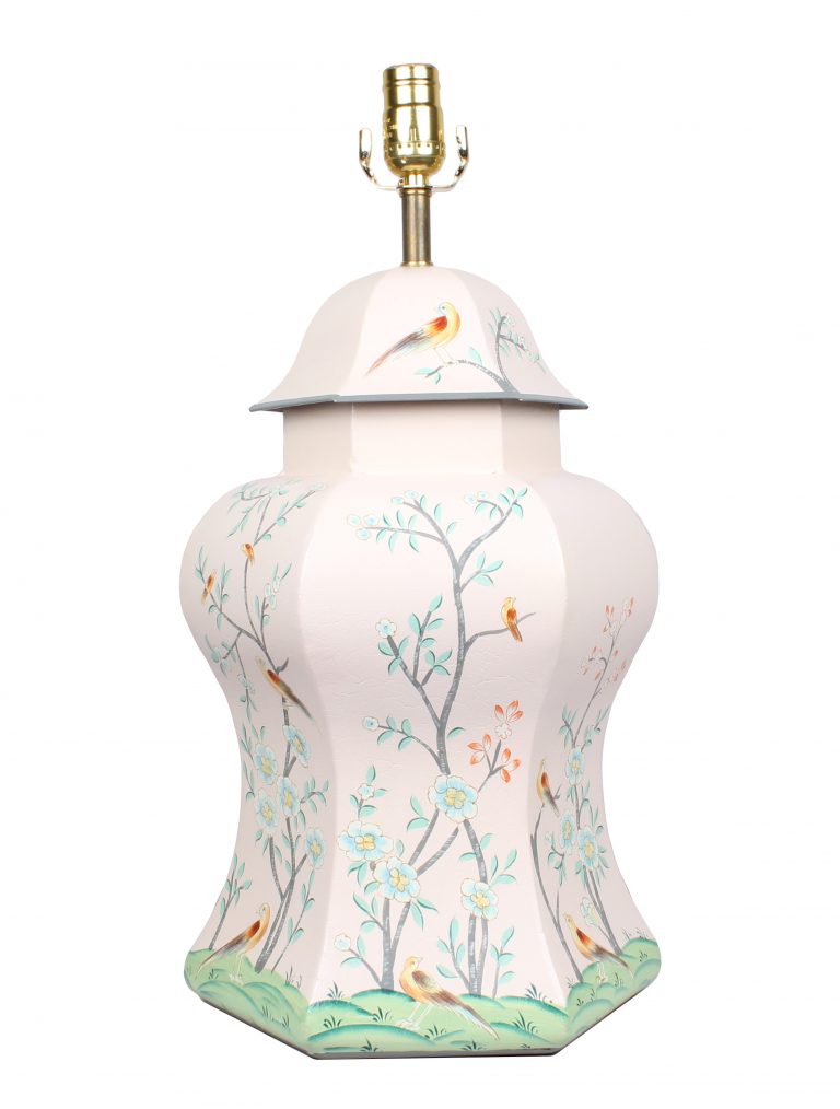 Gorgeous pale pink/multi colored chinoiserie lamp