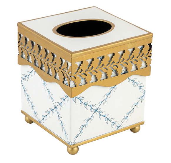 IVORY & Blue Pierced Gold Leaf Tissue Holder