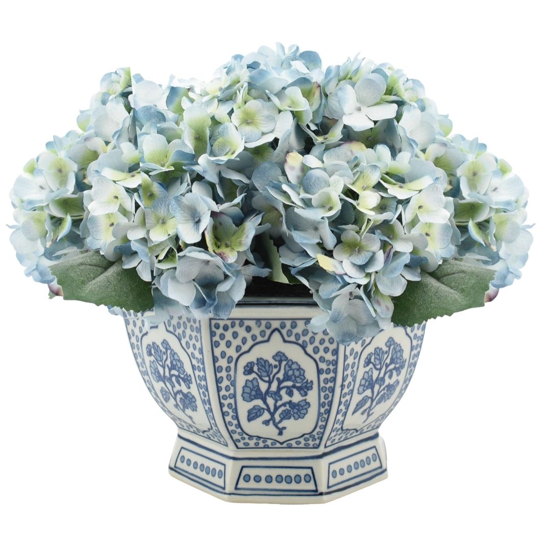 Soft Blue Hydrangea Arrangement in Porcelain Hexagon Planter