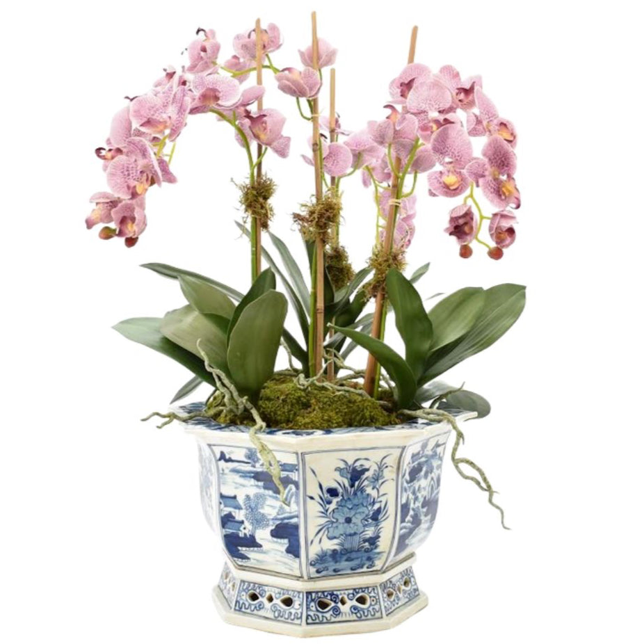 Four Stem Pink/Purple Orchid in Round Porcelain Planter