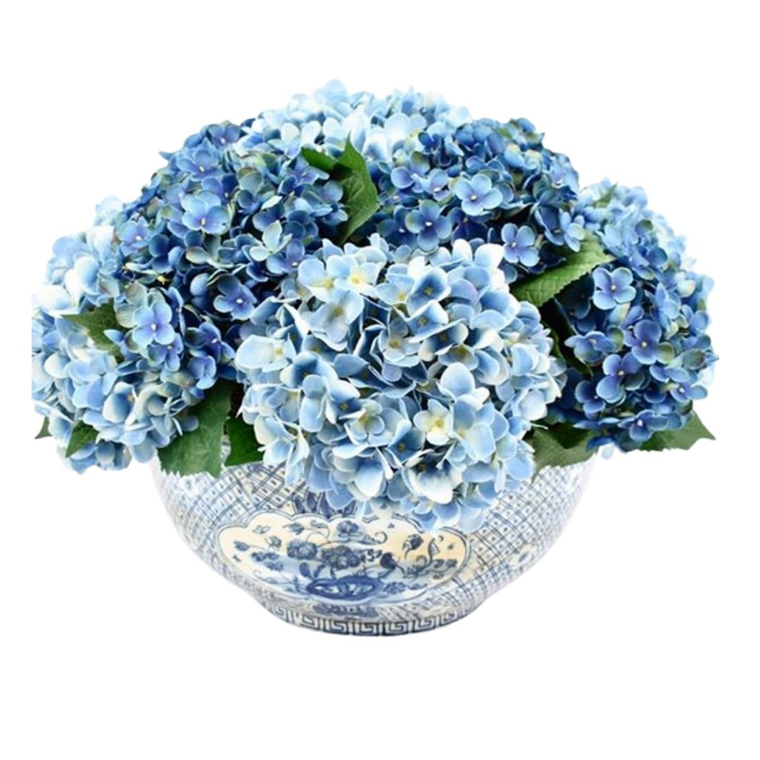 Blue Hydrangea in Porcelain Trellis Bowl