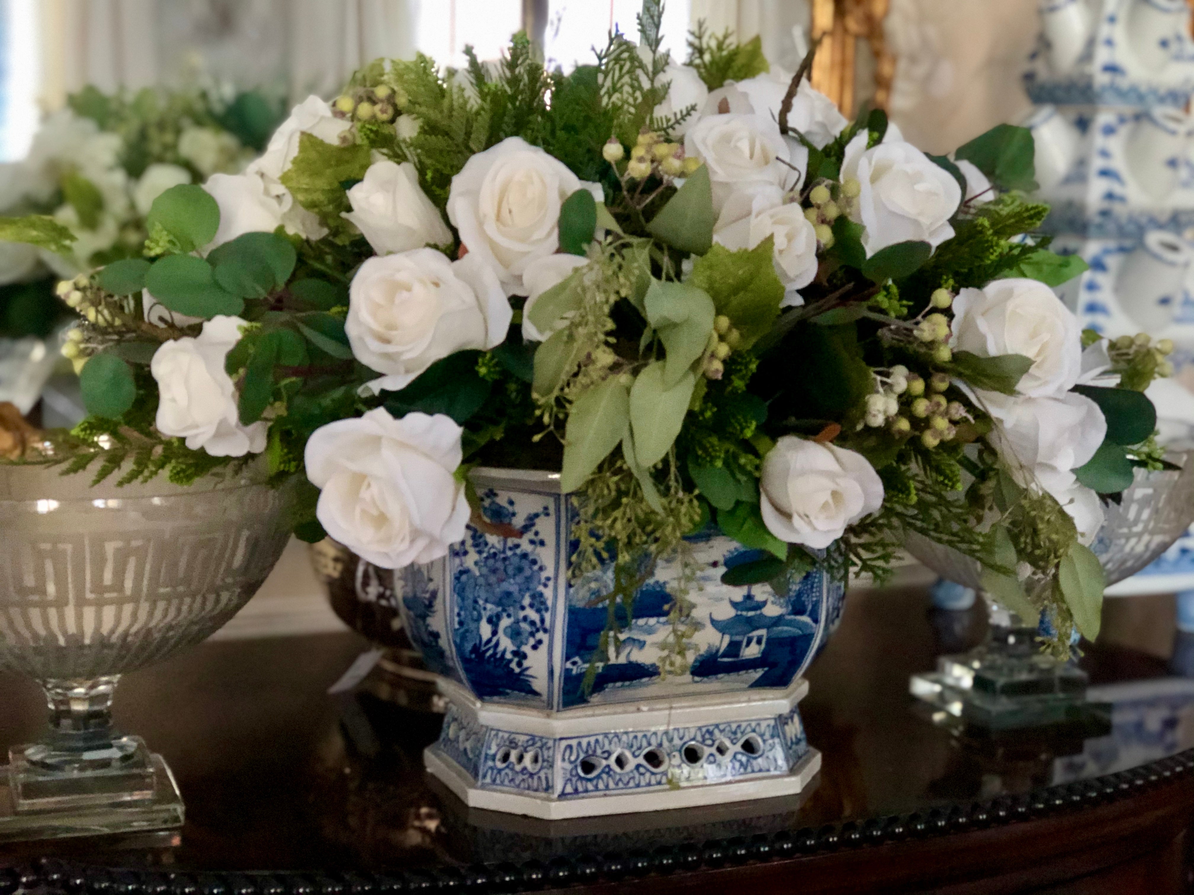 Holiday Greenery & White Rose Arrangement in Porcelain Rectangular Planter