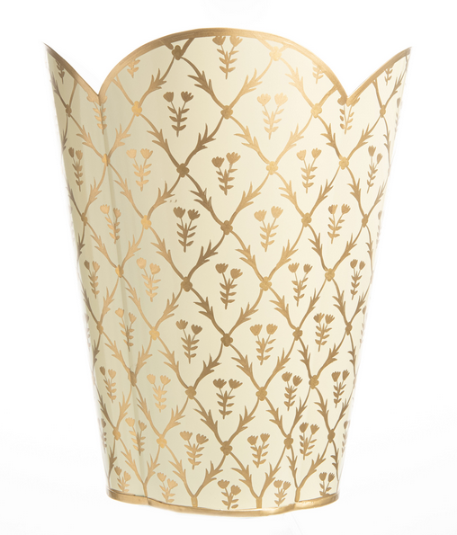 Gorgeous Ivory/gold floral block print scalloped wastepaper basket