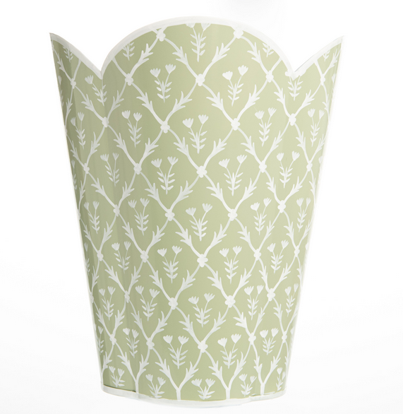 Gorgeous pale green/white floral block print scalloped wastepaper basket