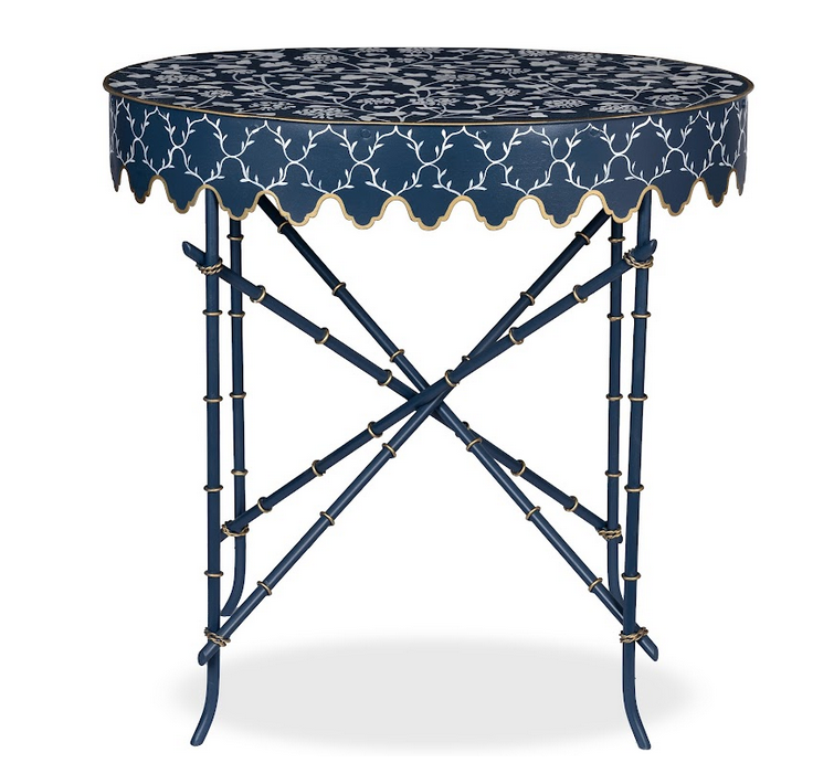 Spectacular navy/white handpainted tole scalloped table
