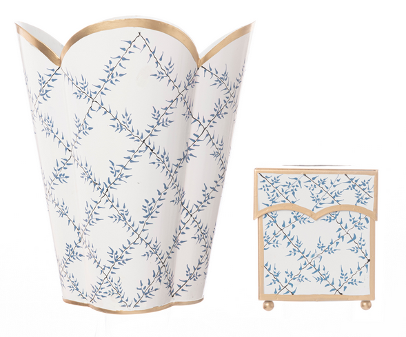 Stunning new trellis wastepaper basket and tissue set (blue and white)