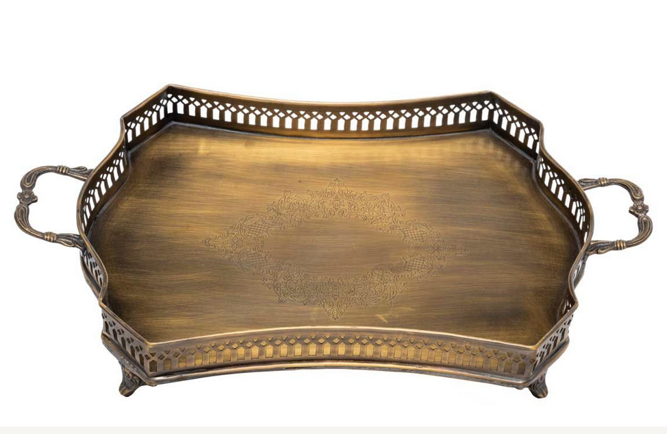 Antique French Etched Brass Serving Tray with Deep Gallery at