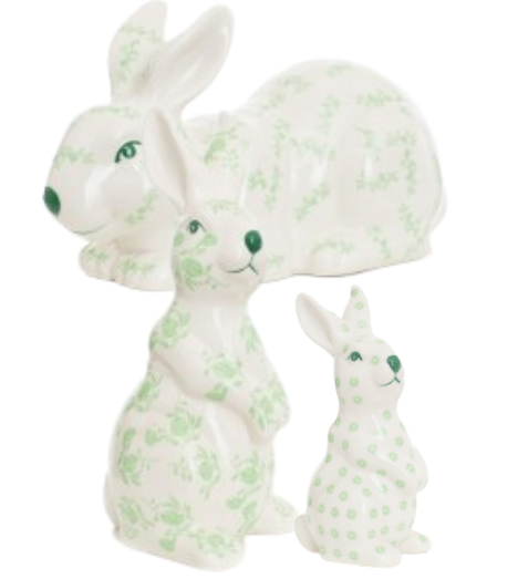 Set of three green/white porcelain bunnies