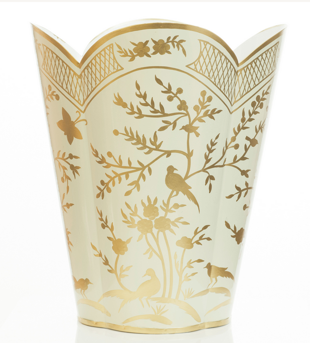 Gorgeous new pale green/gold chinoiserie scalloped wastepaper basket