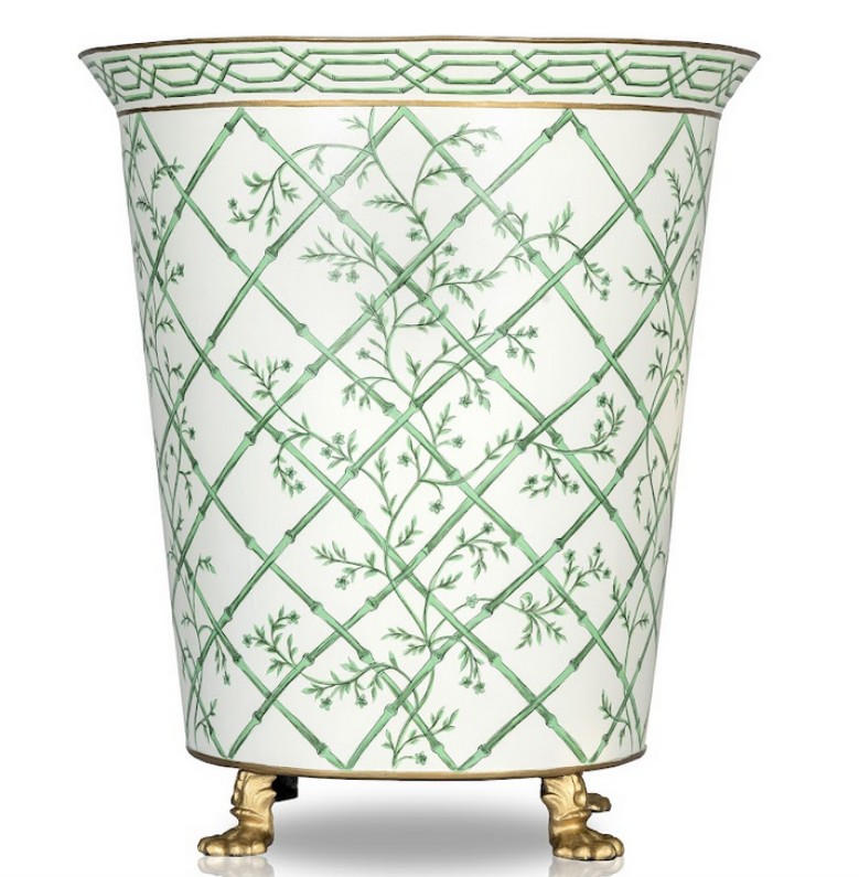 Incredible new bamboo/floral green/ivory chinoiserie floor planters (3 sizes)